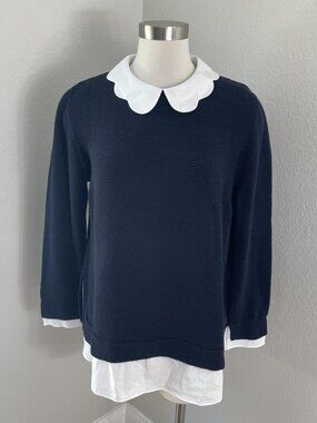 Ted Baker Sweater Womens 5 US 12 Navy White Bronwen Scallop Collar Pullover Knit